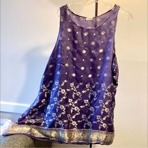 XL 100% Sari Silk Shark Bite Tank Top Navy & Silver Handkerchief Weight